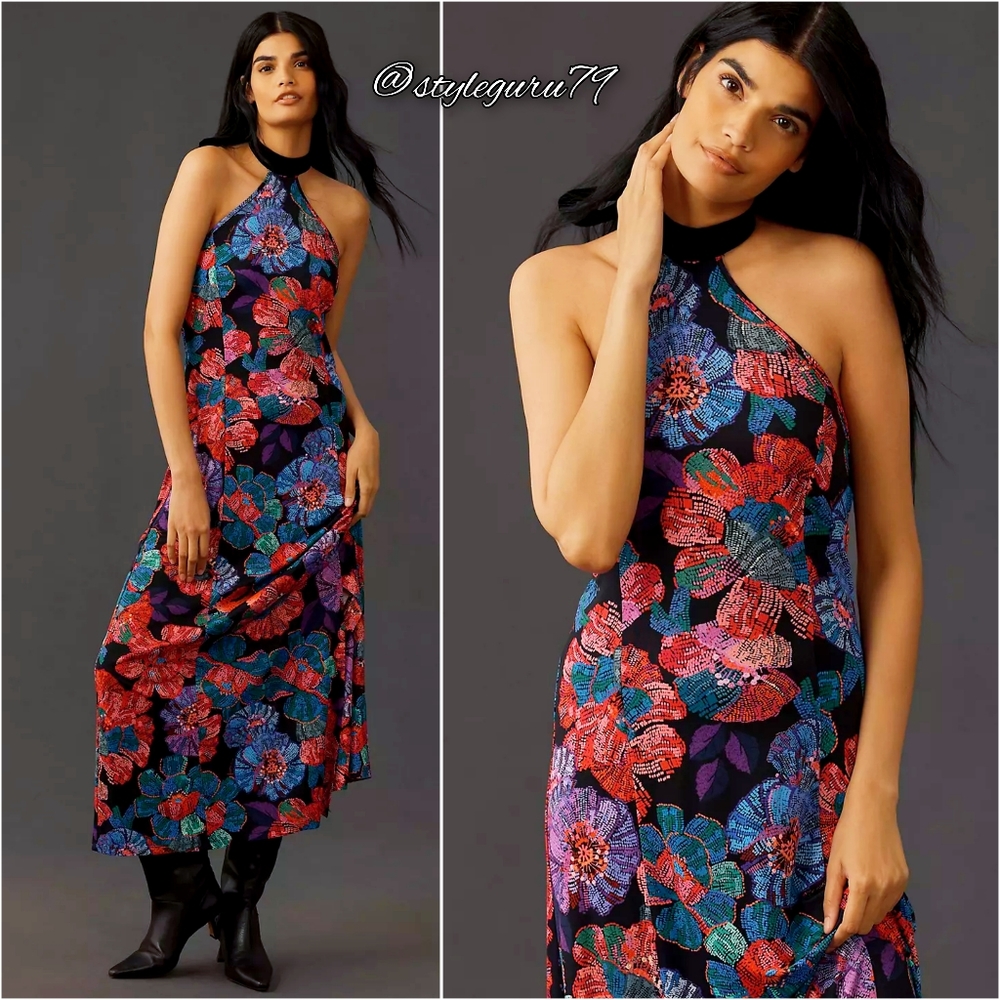 NWT, Anthropologie, FARM RIO SLEEVELESS HALTER BOW FLORAL MIDI DRESS